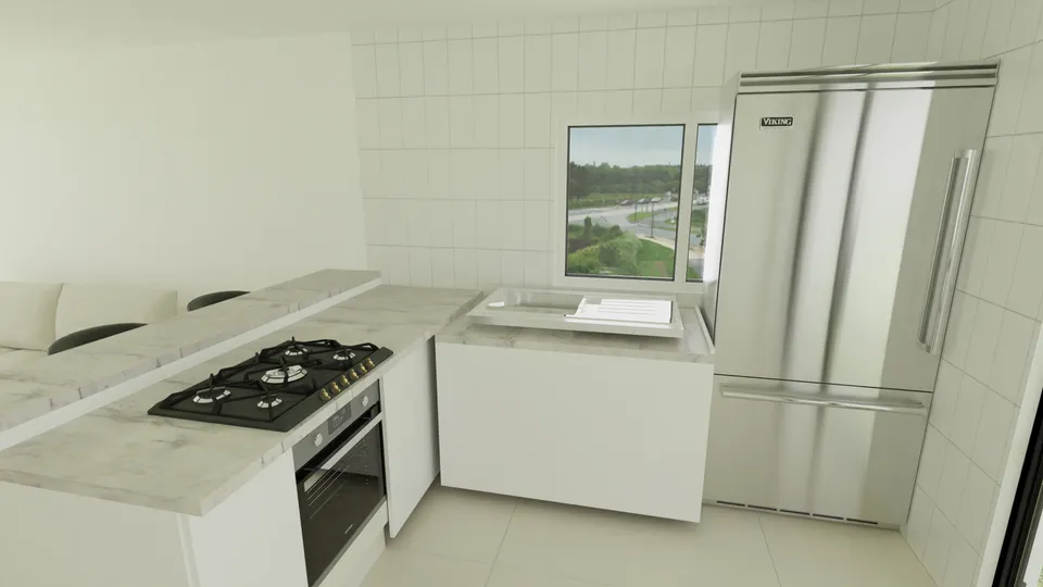 Casa Jequitibá: Bancada com cooktop e janela ampla