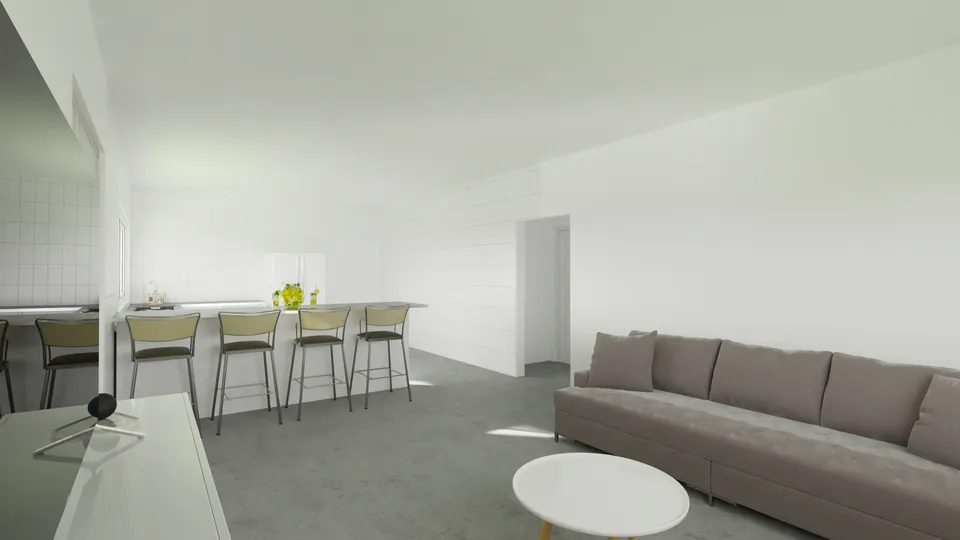 Casa Juazeiro: Sala de estar ampla com balcão de refeições ao fundo