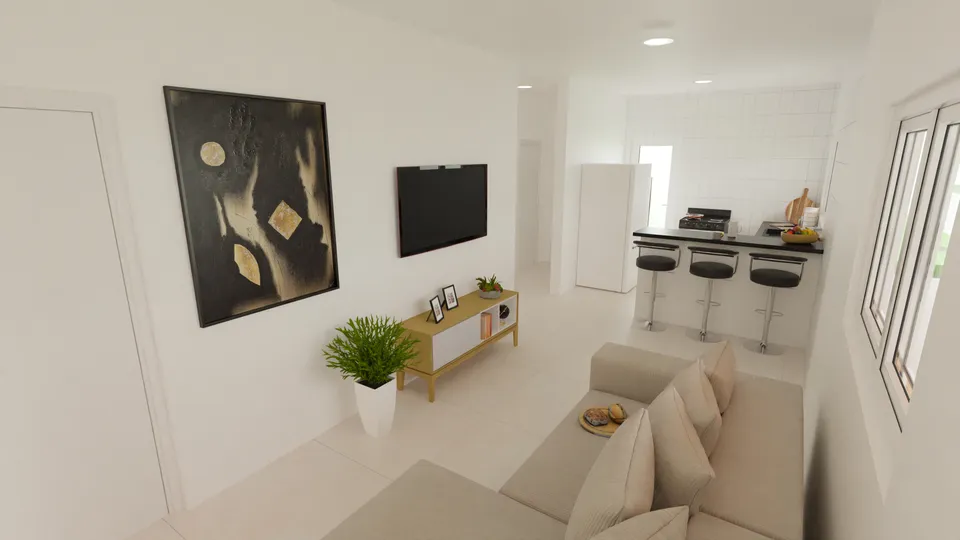 Casa Mangueira: Sala de estar integrada à cozinha com balcão