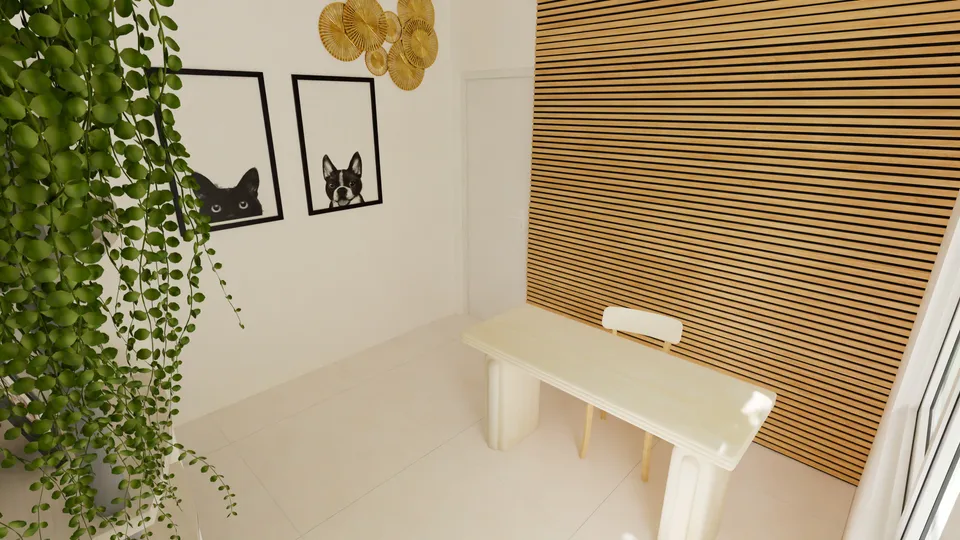 Casa Mangueira: Ateliê com painel ripado e mesa de trabalho