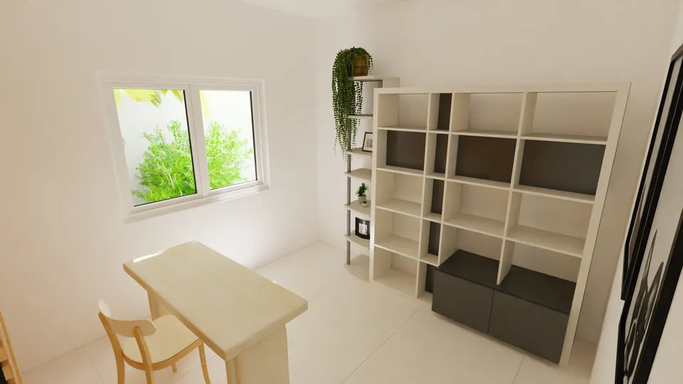 Casa Mangueira: Ateliê com estante e janela