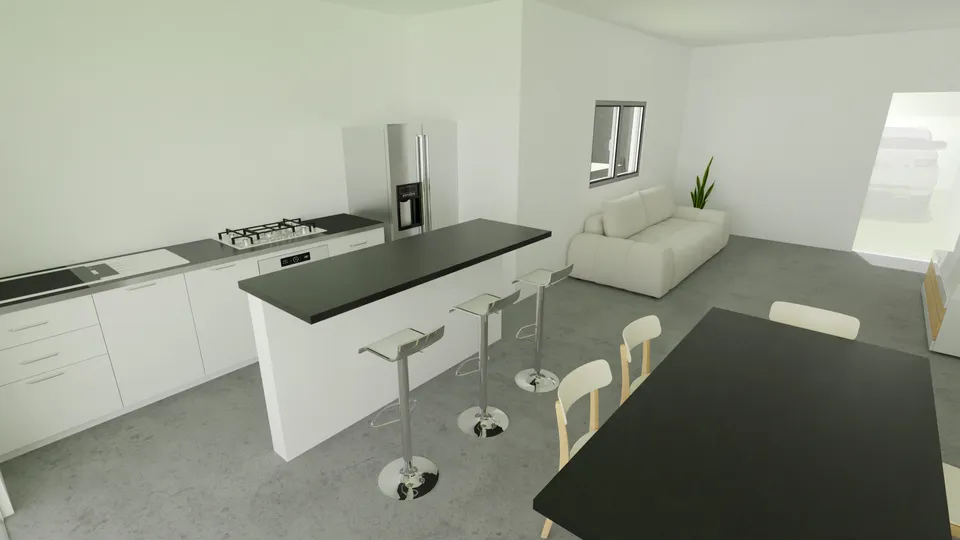 Casa Massaranduba: Cozinha com ilha e mesa de jantar