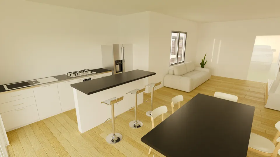 Casa Massaranduba: Cozinha integrada à sala, com ilha e banquetas