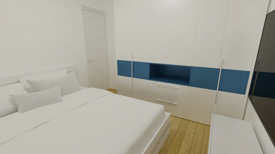 Casa Massaranduba: Quarto com cama de casal e nicho azul