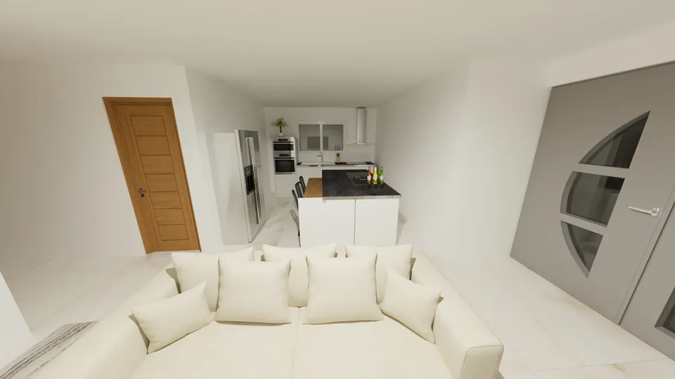 Casa Mogno: Sala de estar com a cozinha integrada ao fundo