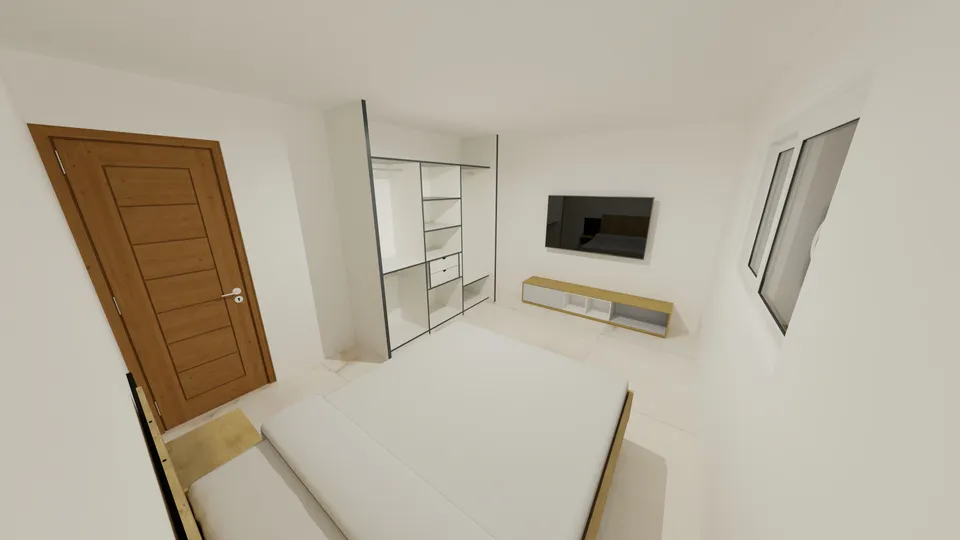 Casa Mogno: Quarto com estante e TV