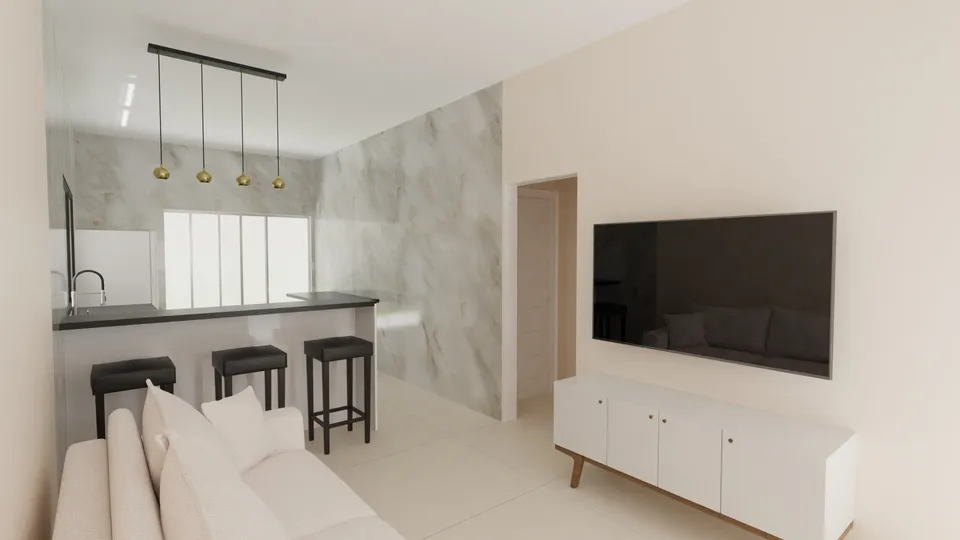 Casa Paineira: Sala de estar integrada à cozinha, com balcão para refeições