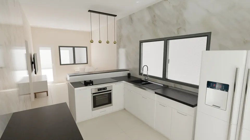 Casa Paineira: Cozinha em L com balcão e janela ampla