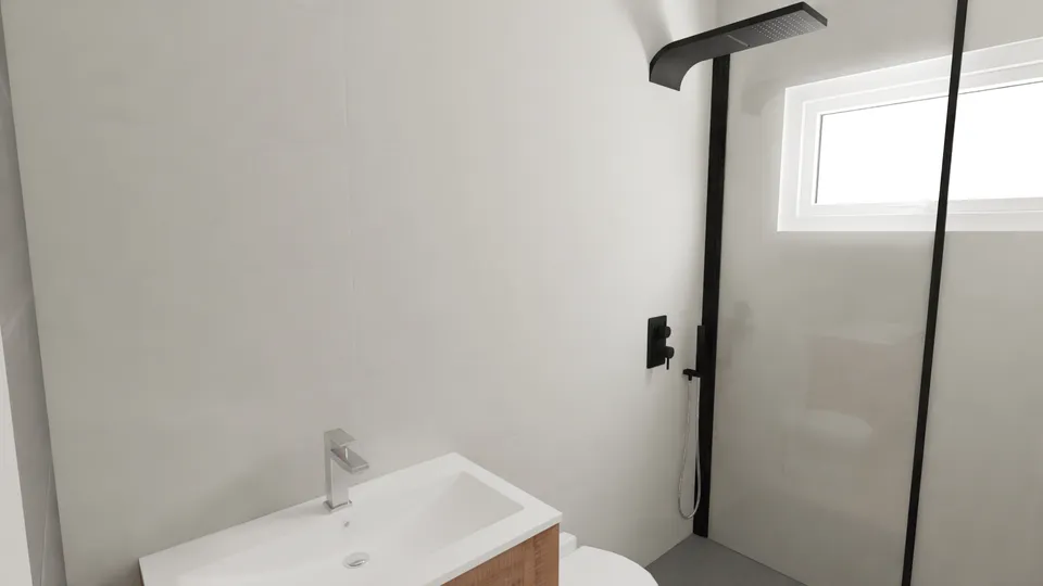 Casa Paineira: Banheiro com box de vidro e janela alta