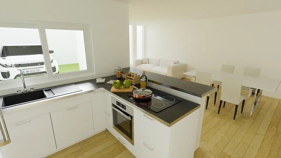 Casa Pequizeiro: Cozinha em L com cooktop no balcão, aberta para a copa e a sala