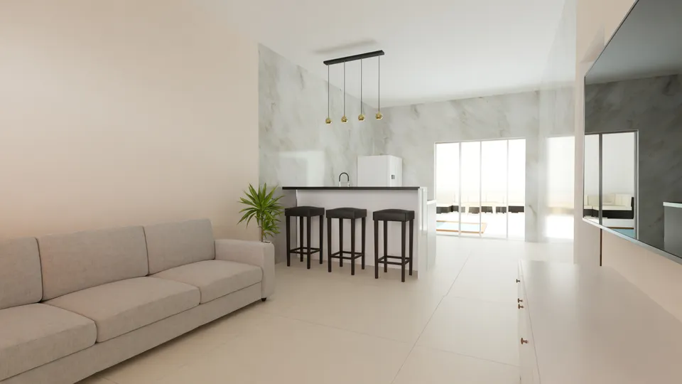 Casa Peroba: Sala integrada à cozinha, com balcão e porta de vidro para a área de lazer