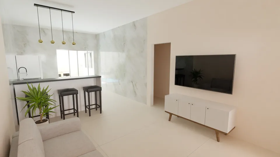 Casa Peroba: Sala com painel de TV e cozinha americana ao fundo
