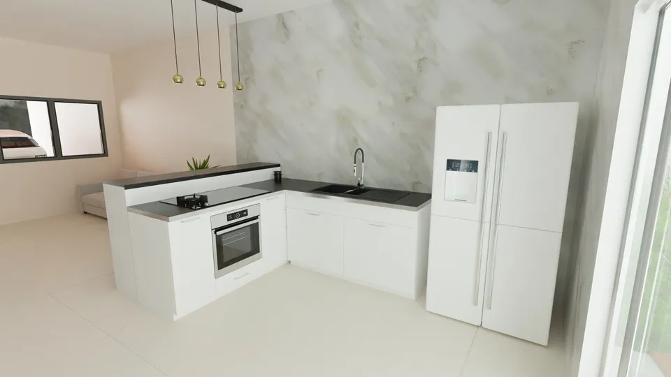 Casa Peroba: Cozinha em L com balcão para refeições