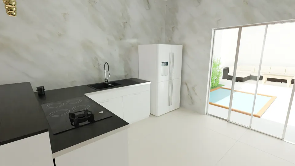 Casa Peroba: Cozinha com porta de vidro para a piscina