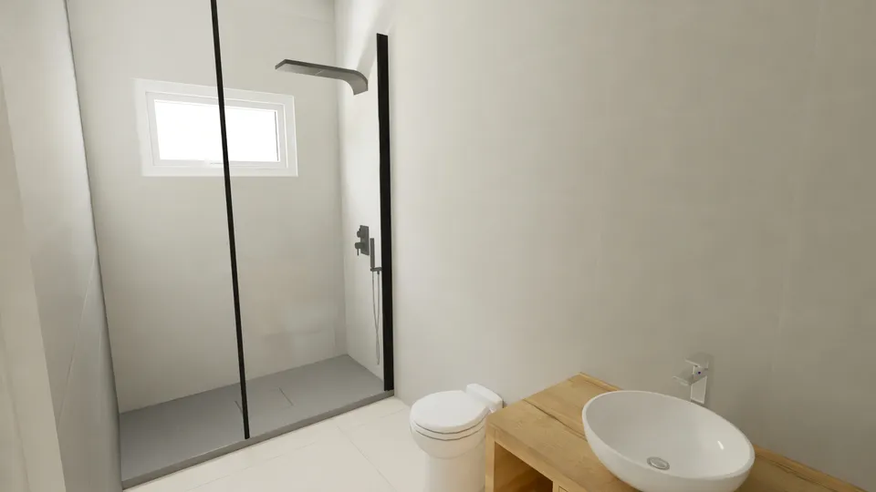 Casa Peroba: Banheiro da suíte com box de vidro e cuba de apoio