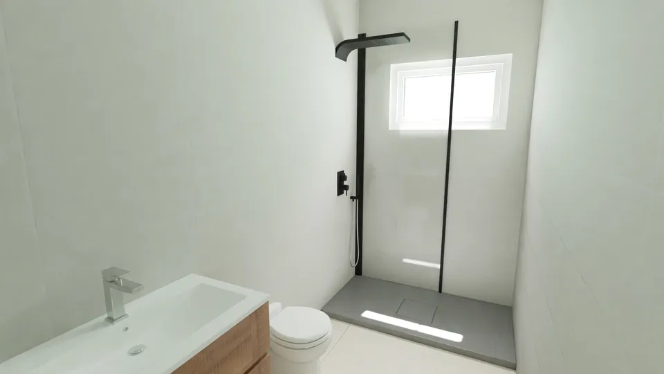 Casa Peroba: Banheiro com box de vidro e janela alta