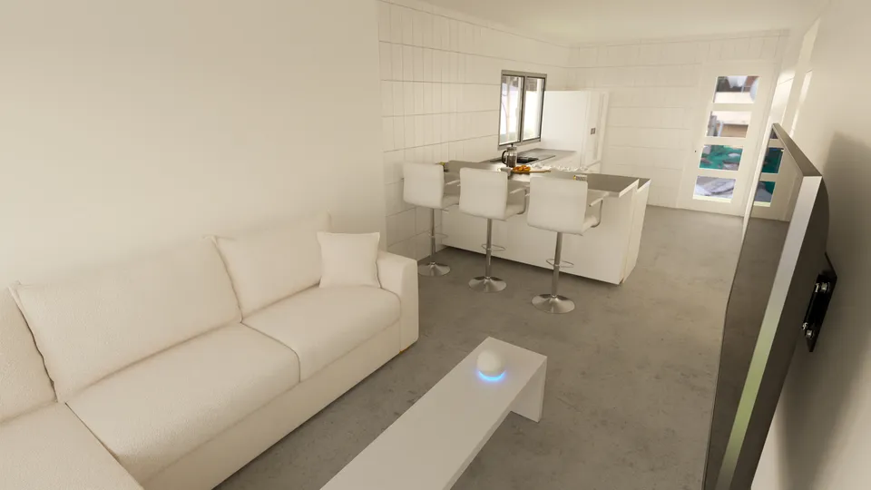 Casa Pitangueira: Sala de estar integrada à cozinha