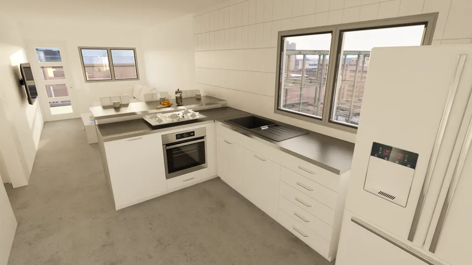 Casa Pitangueira: Cozinha em L com janelas amplas