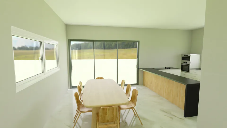 Casa Quaresmeira: Cozinha ampla com bancada, mesa de jantar e porta de vidro para o quintal