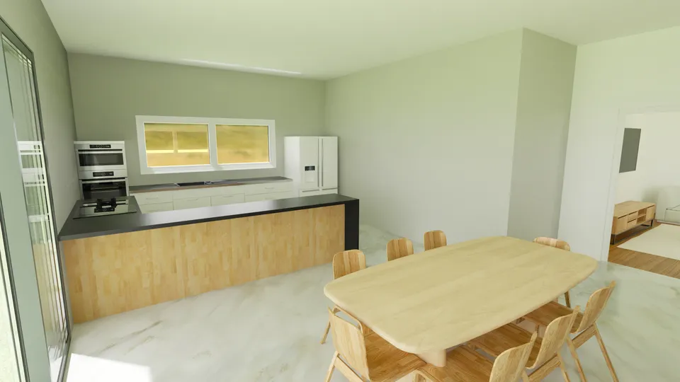 Casa Quaresmeira: Cozinha com bancada e mesa de jantar