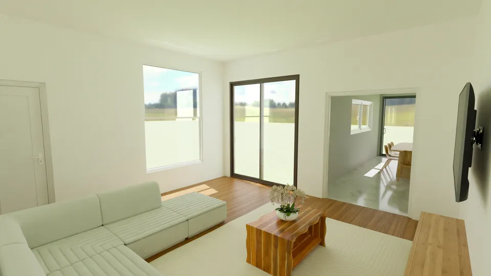 Casa Quaresmeira: Sala de estar com sofá em L e porta de vidro