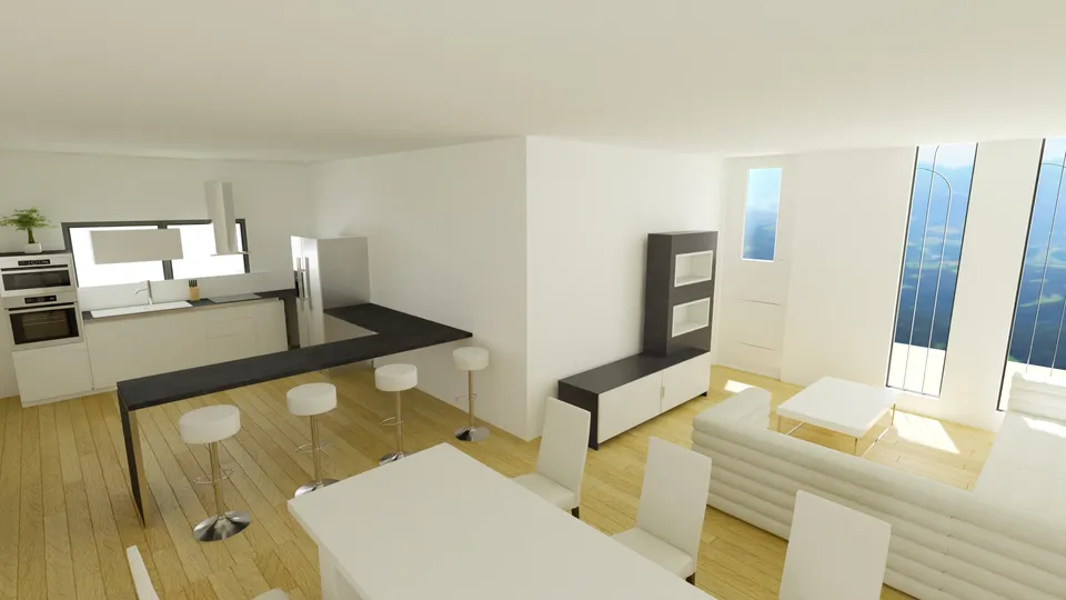 Casa Sucupira: Cozinha com bancada e banquetas aberta para a copa e a sala de estar
