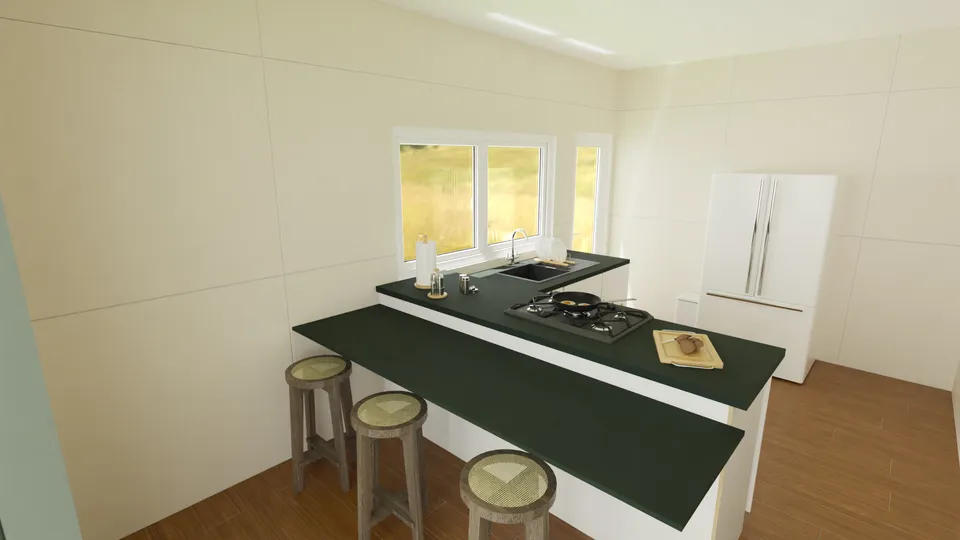Casa Tamboril: Cozinha com bancada para refeições e janela ampla