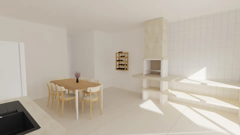 Casa Umbuzeiro: Cozinha com churrasqueira e mesa de jantar