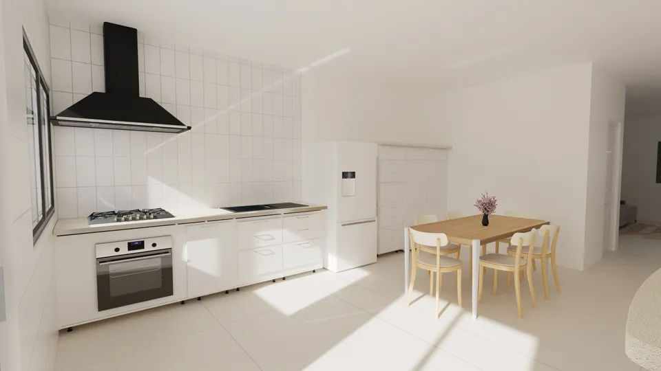 Casa Umbuzeiro: Cozinha com coifa e mesa de jantar