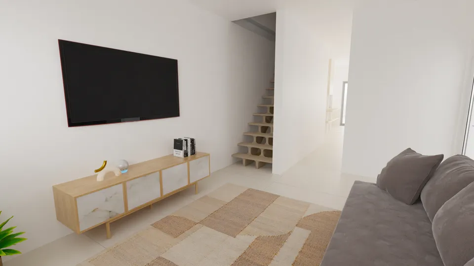 Casa Umbuzeiro: Sala de TV com a escada para o pavimento superior