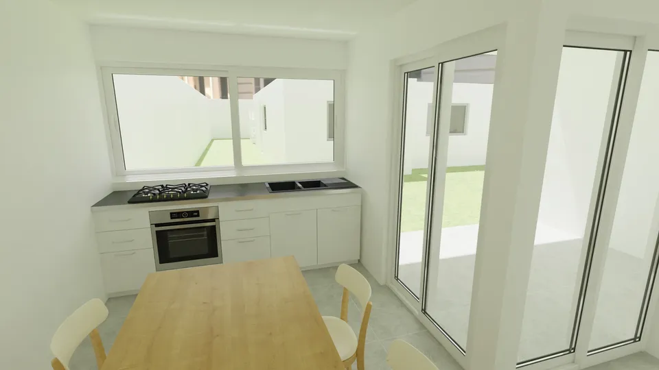 Casa Uvaia: Cozinha com mesa de jantar e portas de vidro
