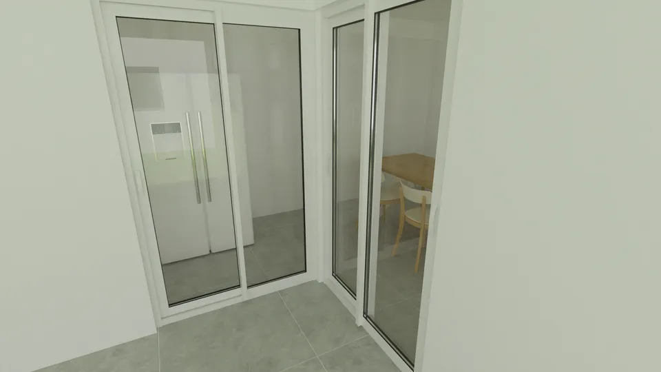 Casa Uvaia: Corredor de acesso com portas de vidro de correr