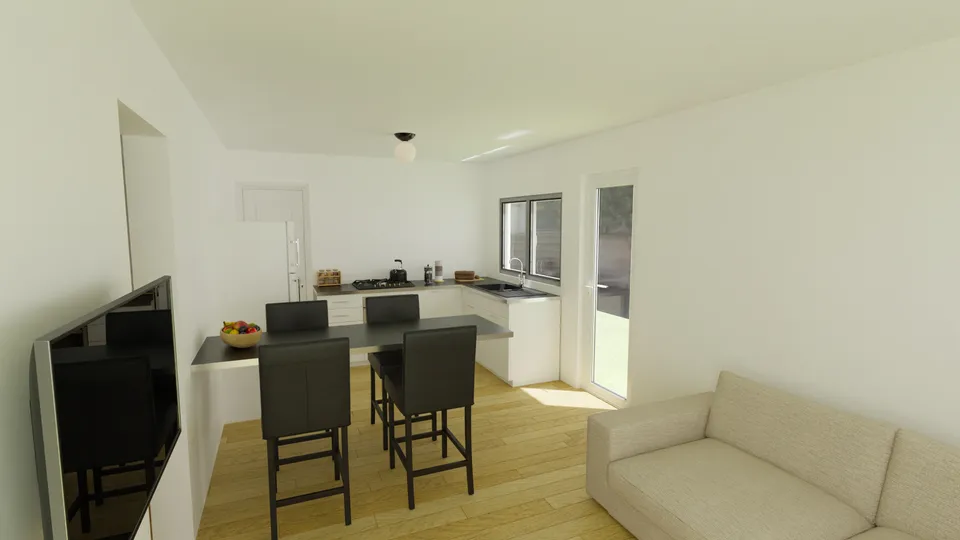 Casa Uvaia: Sala de estar com TV e mesa alta