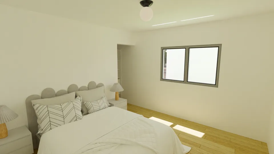 Casa Uvaia: Suíte com cabeceira estofada e janela